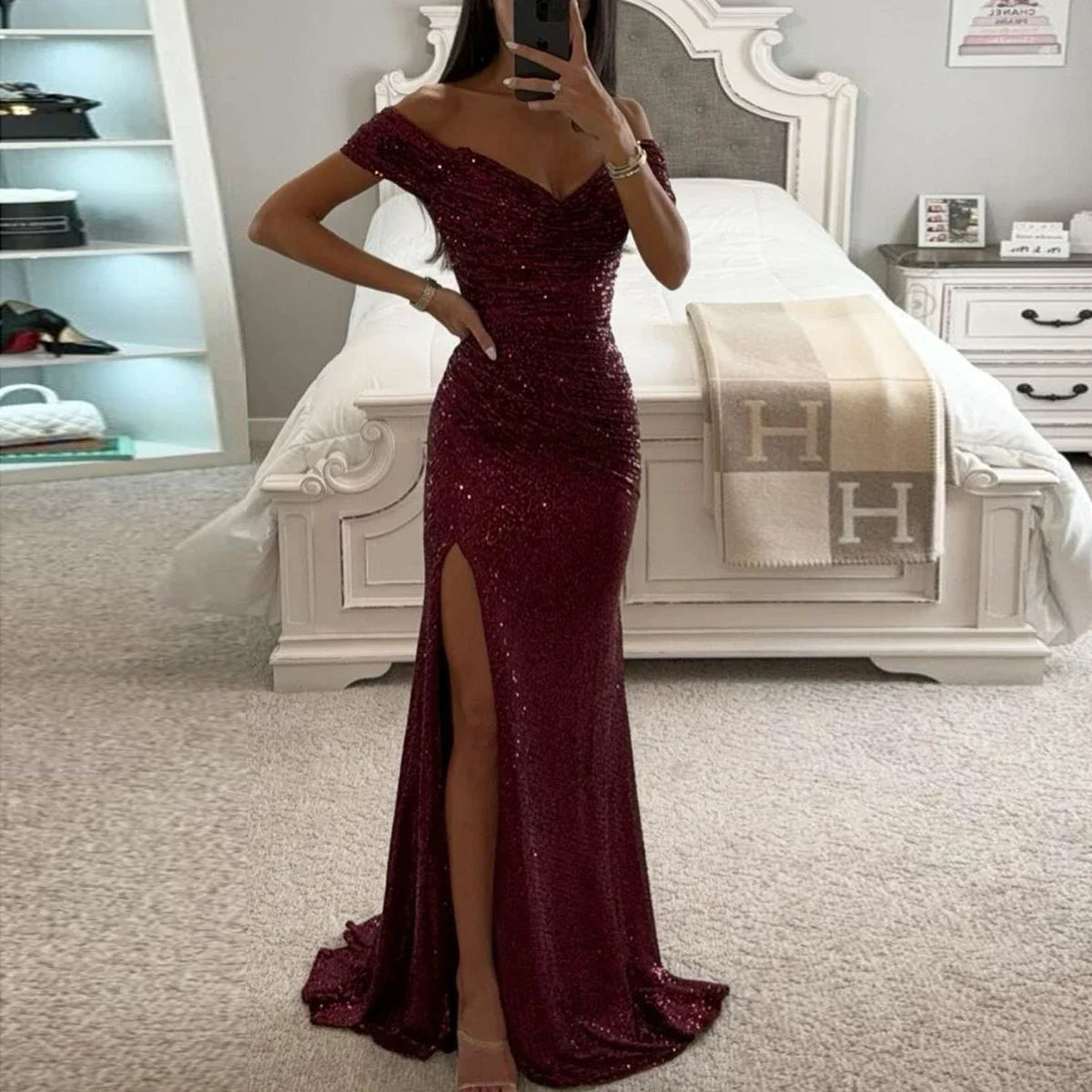 Elegant Off-Shoulder Sequin Evening Gown – Signature Party Edition | Stylist Frantz