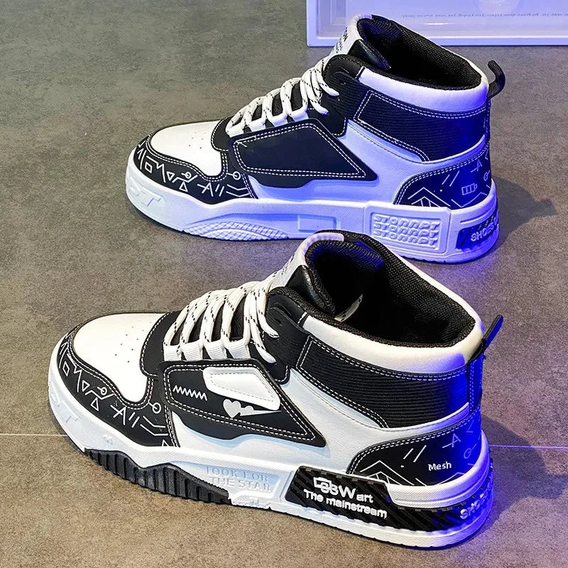 Luxury High-Top Leather Sneakers – Color Block Design | Thick Sole Streetwear