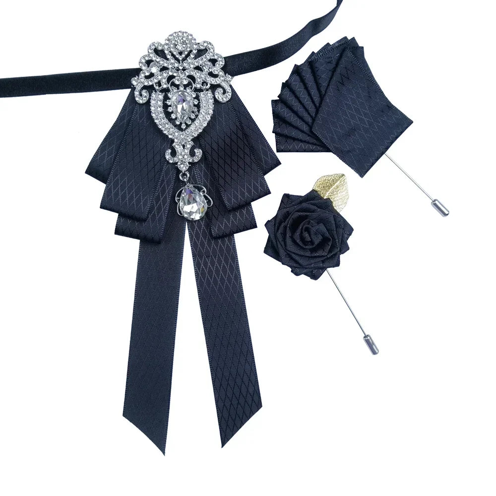 Luxury Wedding Bow Tie Brooch Set Concert Accessories Men's Women's Suit Shirt Collar Flower Corsage 3pcs Sets Handmade Jewelry