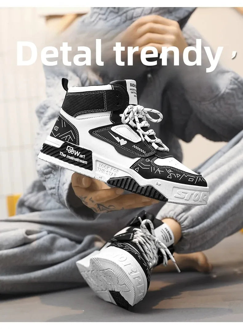 Luxury High-Top Leather Sneakers – Color Block Design | Thick Sole Streetwear