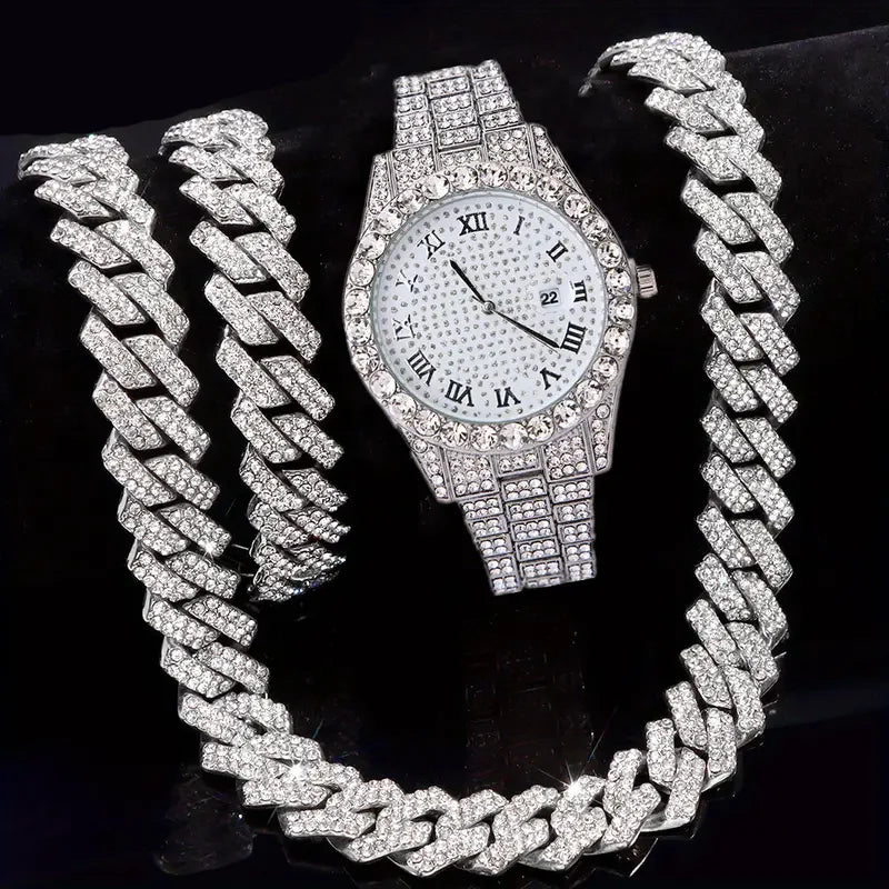 Iced-Out Cuban Chain Luxury Set – Watch, Necklace & Bracelet (3PCS)