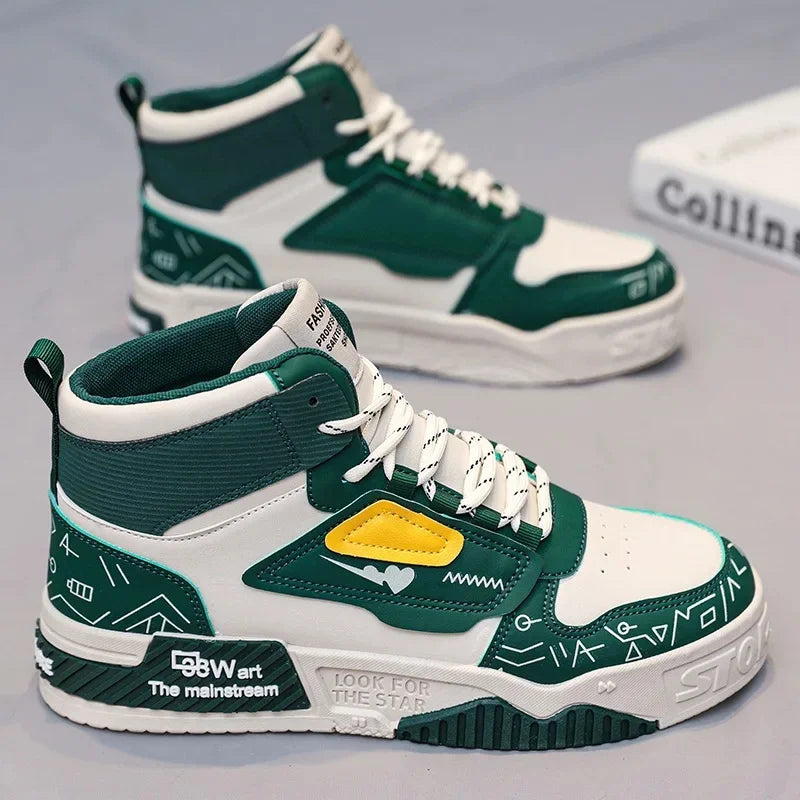 Luxury High-Top Leather Sneakers – Color Block Design | Thick Sole Streetwear