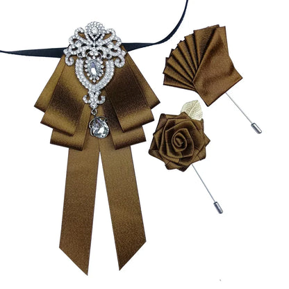 Luxury Wedding Bow Tie Brooch Set Concert Accessories Men's Women's Suit Shirt Collar Flower Corsage 3pcs Sets Handmade Jewelry