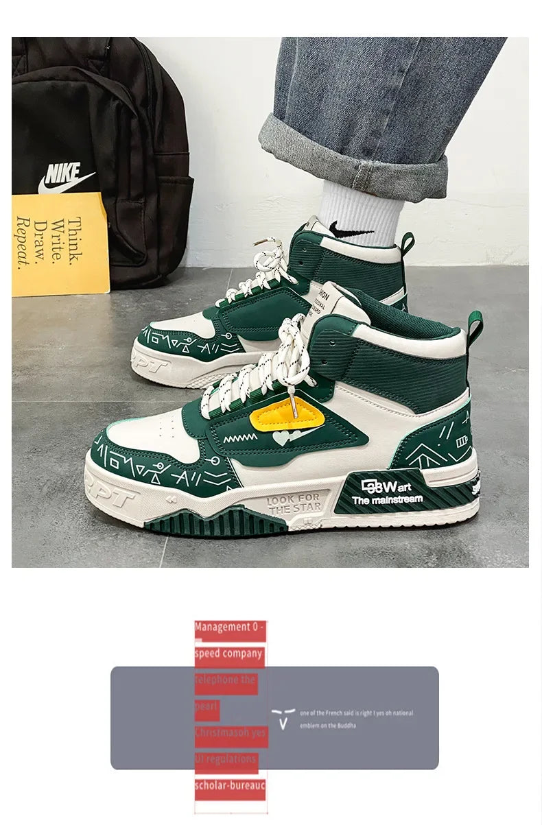 Luxury High-Top Leather Sneakers – Color Block Design | Thick Sole Streetwear