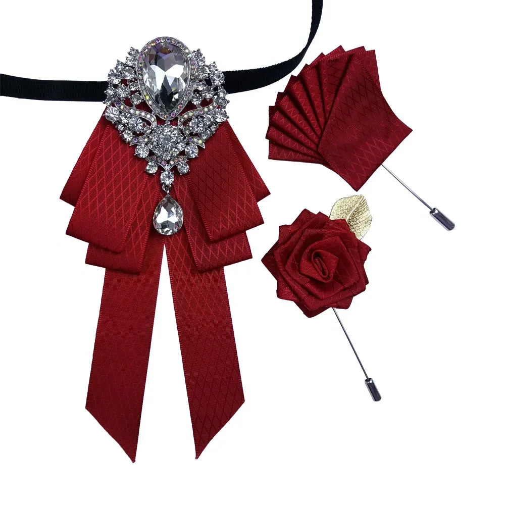 Luxury Wedding Bow Tie Brooch Set Concert Accessories Men's Women's Suit Shirt Collar Flower Corsage 3pcs Sets Handmade Jewelry