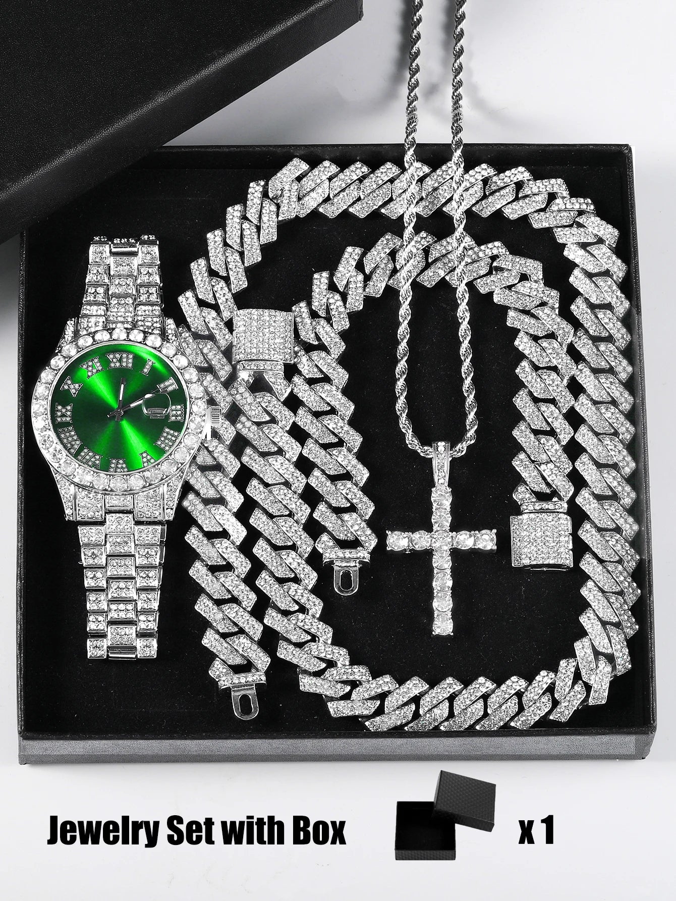Iced-Out Luxury Watch & Cuban Chain Set – Cross Pendant Edition (Unisex)