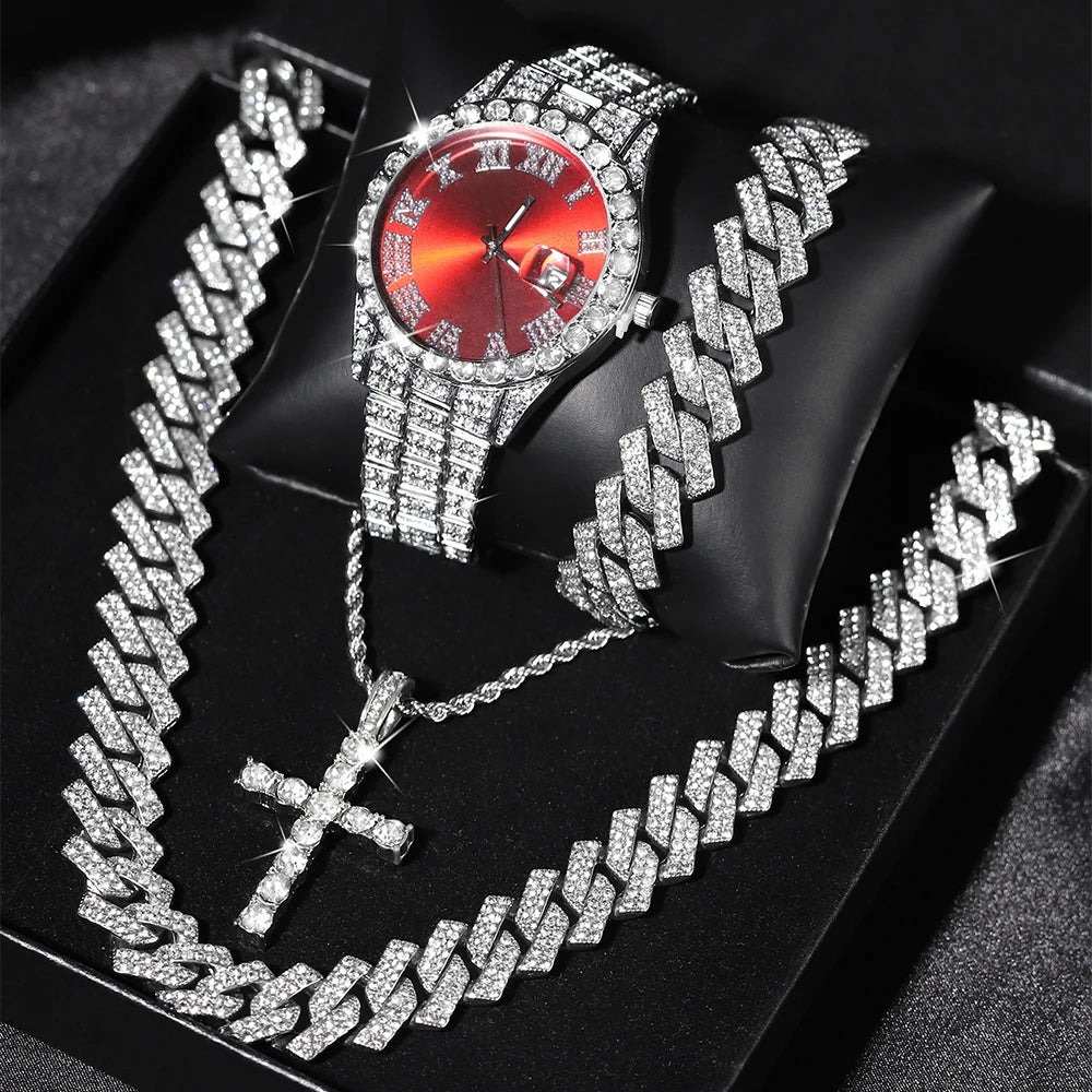 Iced-Out Luxury Watch & Cuban Chain Set – Cross Pendant Edition (Unisex)