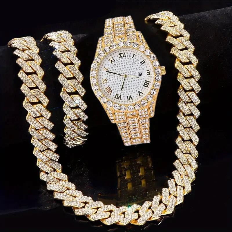 Iced-Out Cuban Chain Luxury Set – Watch, Necklace & Bracelet (3PCS)