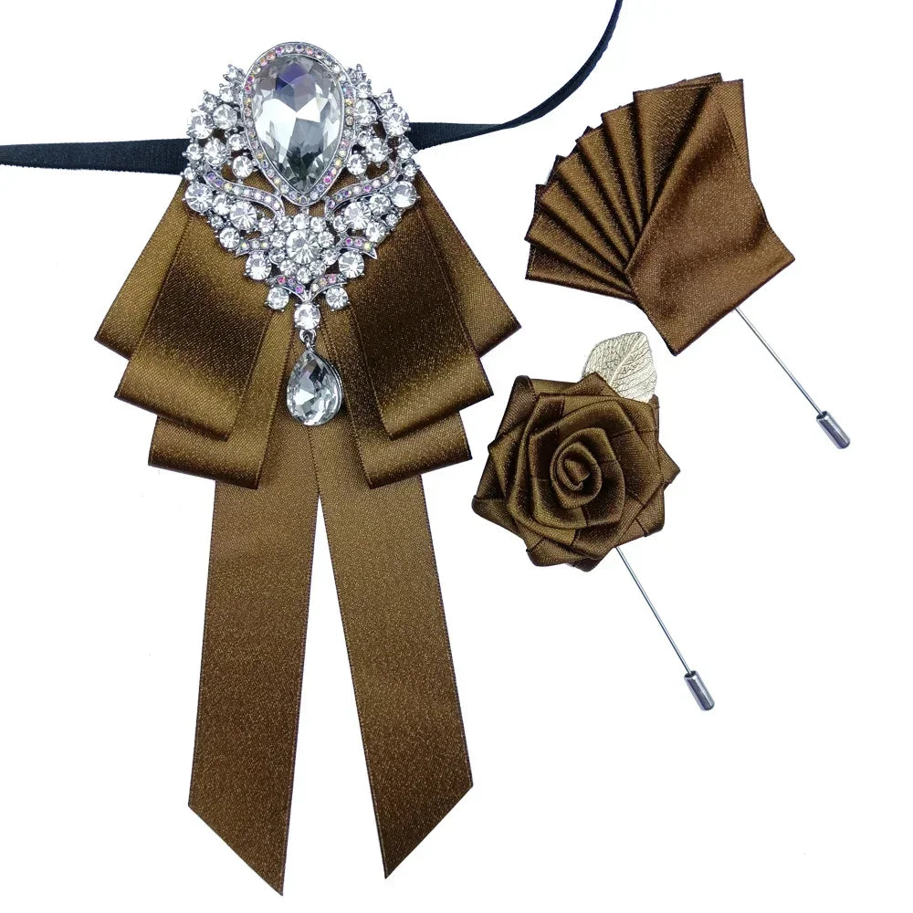 Luxury Wedding Bow Tie Brooch Set Concert Accessories Men's Women's Suit Shirt Collar Flower Corsage 3pcs Sets Handmade Jewelry