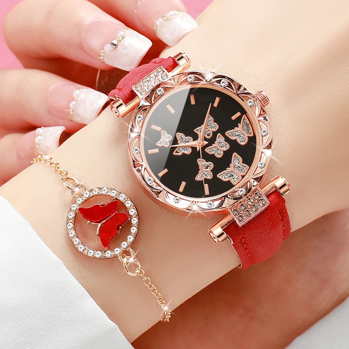 Luxury Women’s Watch & Jewelry Set – Butterfly Red Edition (5PCS)