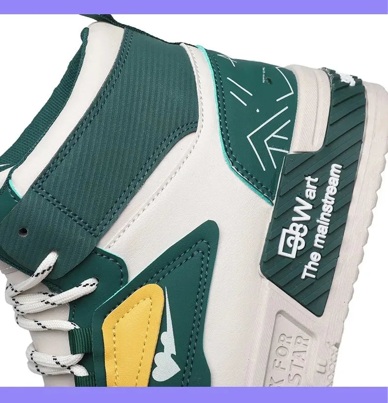 Luxury High-Top Leather Sneakers – Color Block Design | Thick Sole Streetwear