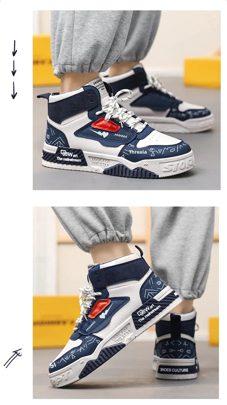 Luxury High-Top Leather Sneakers – Color Block Design | Thick Sole Streetwear