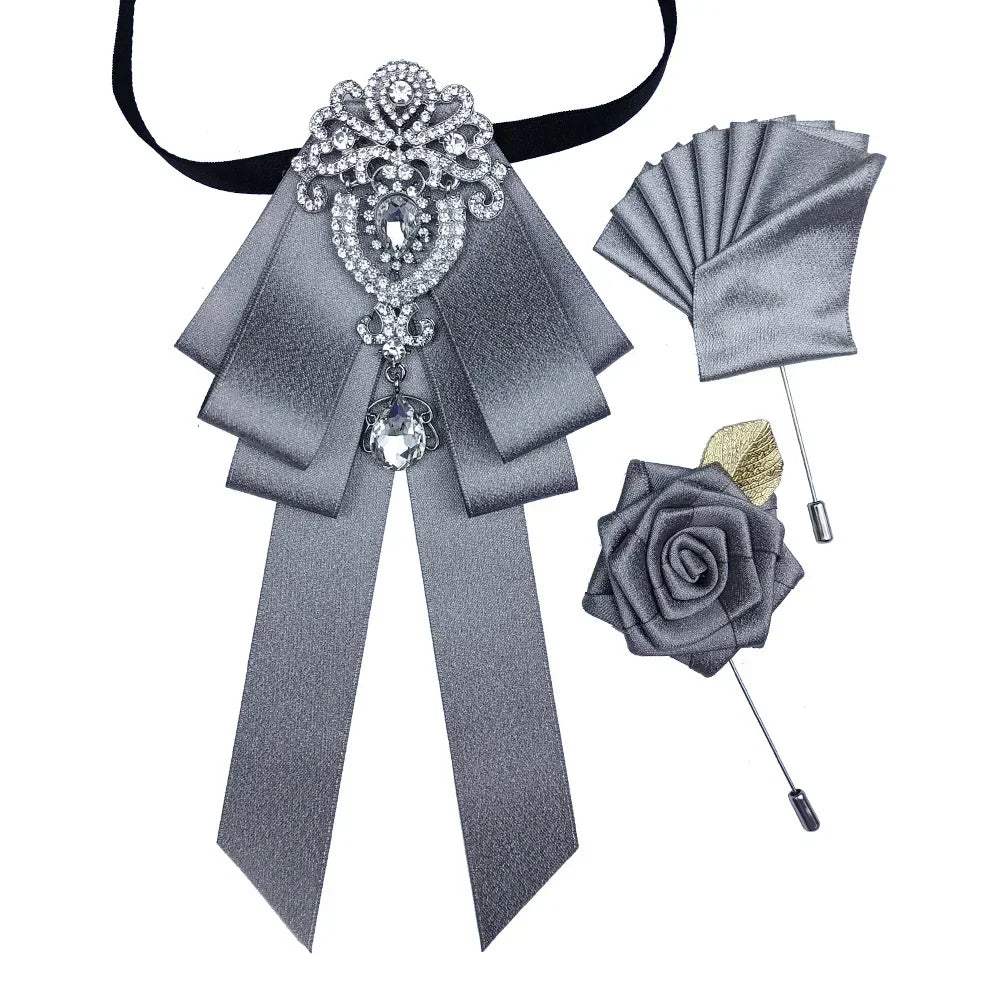 Luxury Wedding Bow Tie Brooch Set Concert Accessories Men's Women's Suit Shirt Collar Flower Corsage 3pcs Sets Handmade Jewelry
