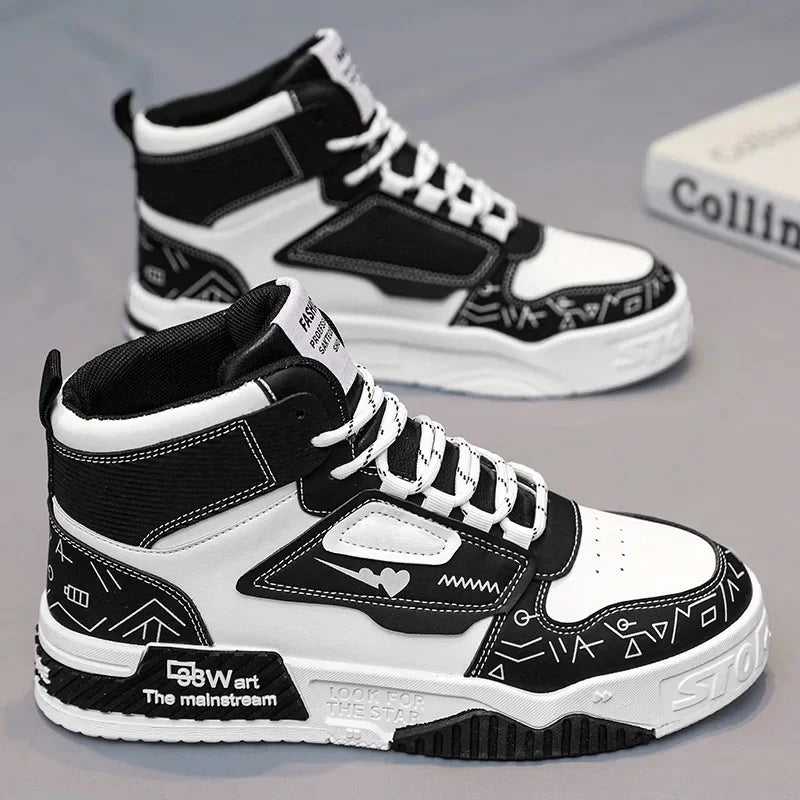 Luxury High-Top Leather Sneakers – Color Block Design | Thick Sole Streetwear