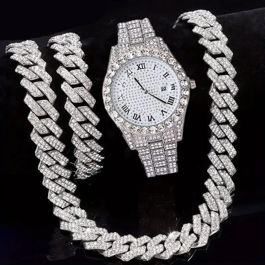 Iced-Out Cuban Chain Luxury Set – Watch, Necklace & Bracelet (3PCS)