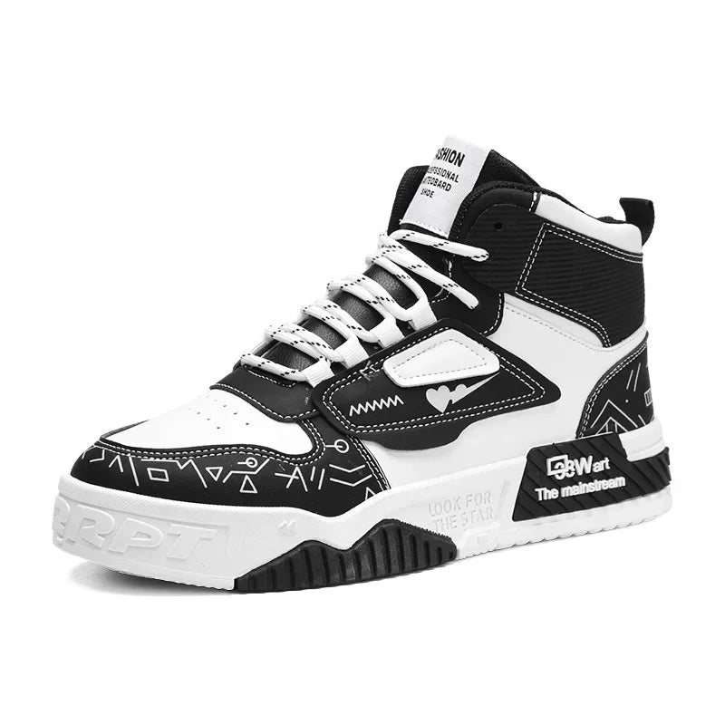 Luxury High-Top Leather Sneakers – Color Block Design | Thick Sole Streetwear