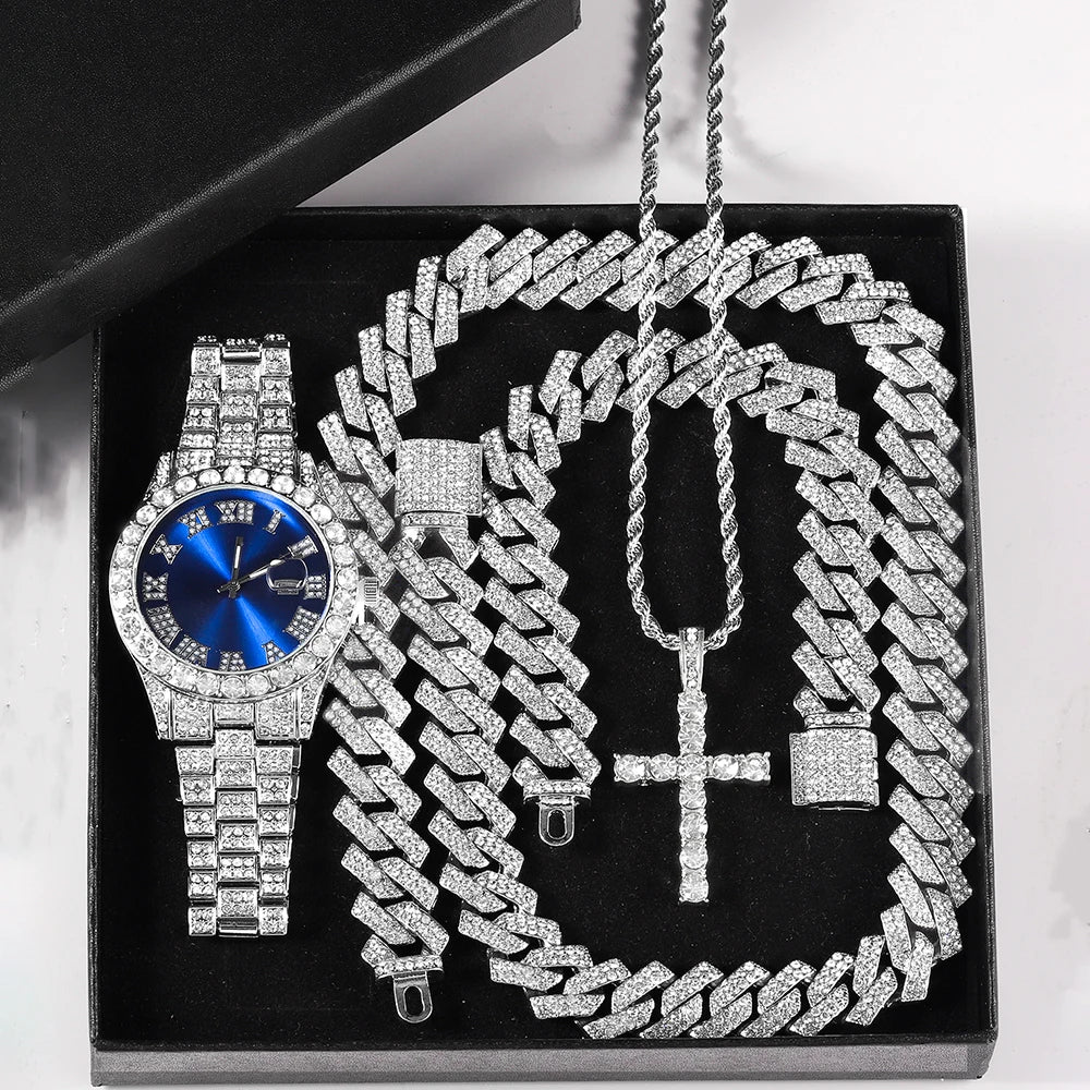 Iced-Out Luxury Watch & Cuban Chain Set – Cross Pendant Edition (Unisex)