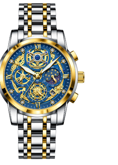 Luxury Waterproof Skeleton Men’s Watch – Gold & Blue Large Dial Stainless Steel Watch