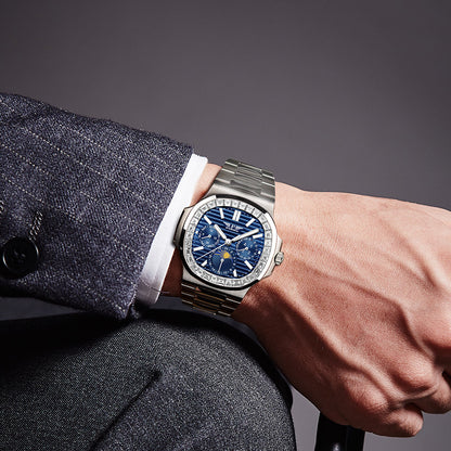 Luxury Men’s Diamond Watch – Blue Face Square Dial, Stainless Steel