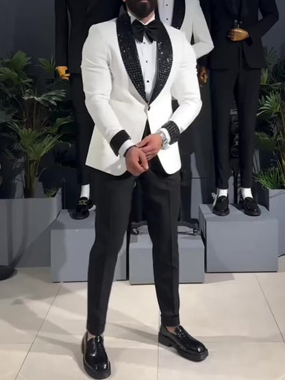 Stylist Frantz Signature White Tuxedo – Black Sequin Lapel Jacket