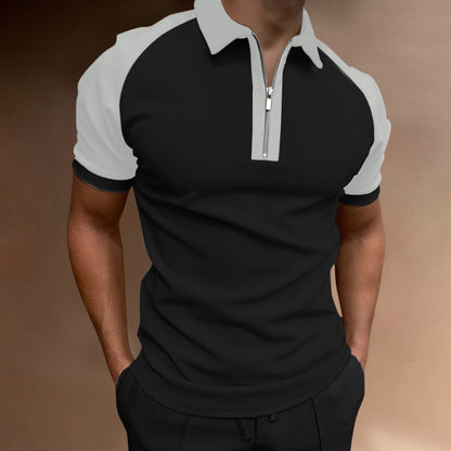 Men’s Luxury Color-Block Zipper Polo Shirt – Raglan Sleeve Casual Top