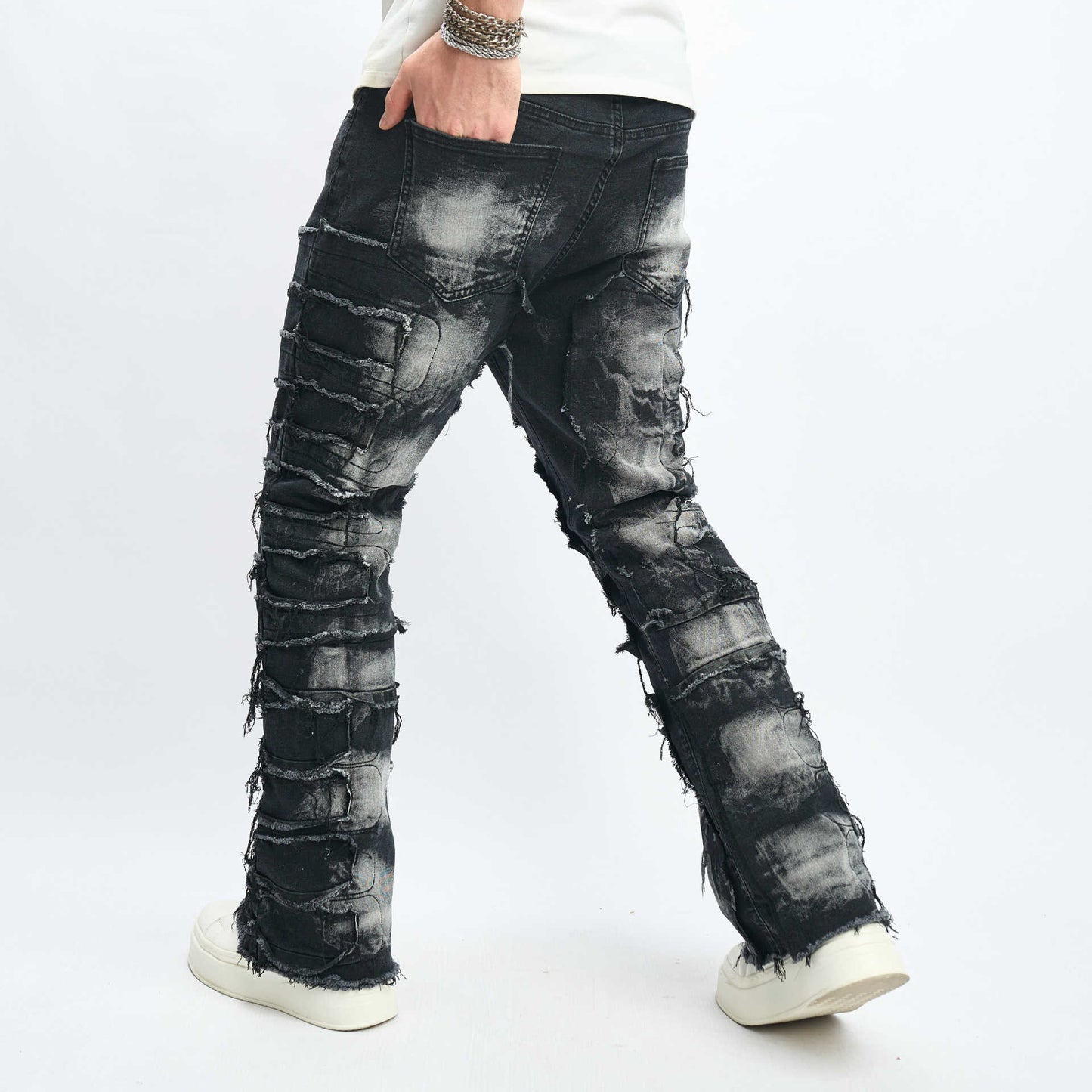 Men’s Stacked Distressed Streetwear Jeans – Free Alterations