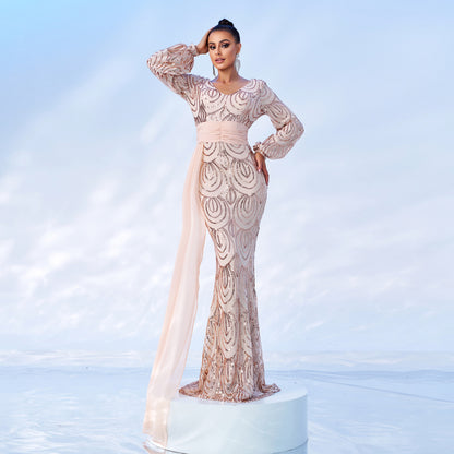 STYLIST FRANTZ™ Custom Luxury Long Sleeve Sexy Long Sequined V-neck Banquet Ribbon Evening Dress