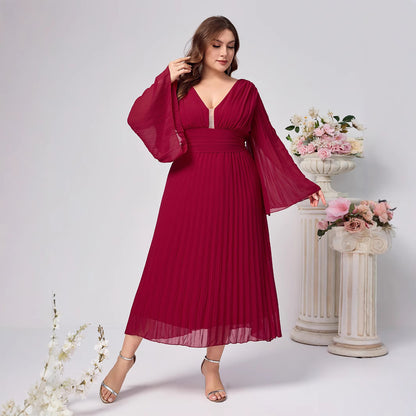 STYLIST FRANTZ™ Plus Size Elegant V-Neck Long Sleeve Pleated Dress – Luxury Flow Fit