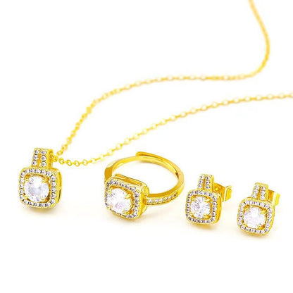Luxury Zircon Bridal Jewelry Set – Gold Necklace, Earrings & Ring Set for Women