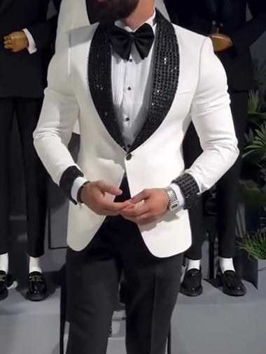 Stylist Frantz Signature White Tuxedo – Black Sequin Lapel Jacket