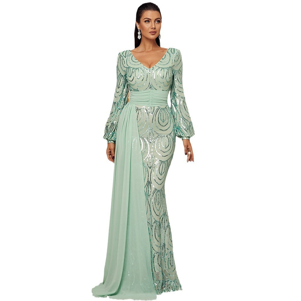STYLIST FRANTZ™ Custom Luxury Long Sleeve Sexy Long Sequined V-neck Banquet Ribbon Evening Dress