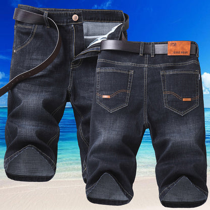 Men’s Elastic Waist Straight Denim Shorts – Mid Waist Loose Fit