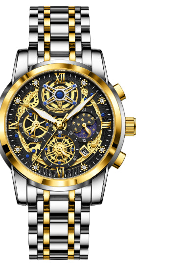 Luxury Waterproof Skeleton Men’s Watch – Gold & Blue Large Dial Stainless Steel Watch
