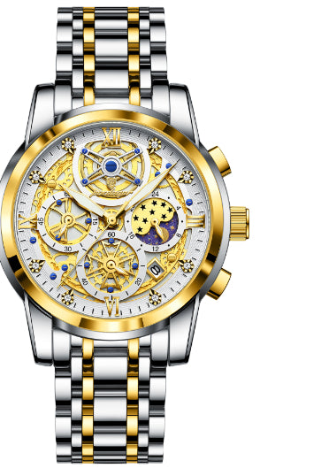 Luxury Waterproof Skeleton Men’s Watch – Gold & Blue Large Dial Stainless Steel Watch