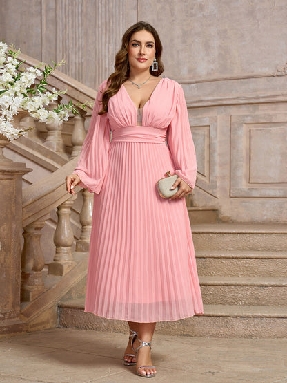 STYLIST FRANTZ™ Plus Size Elegant V-Neck Long Sleeve Pleated Dress – Luxury Flow Fit