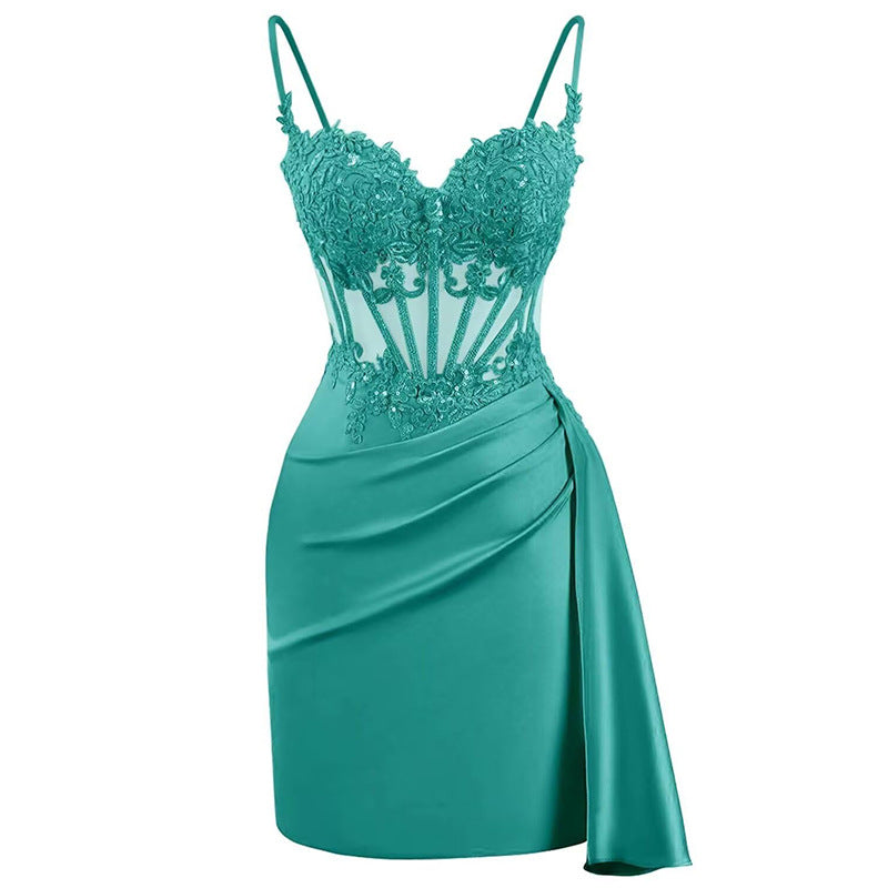 French Chic Beautiful Lace Fishbone Light Luxury Sling Slim Fit Dress