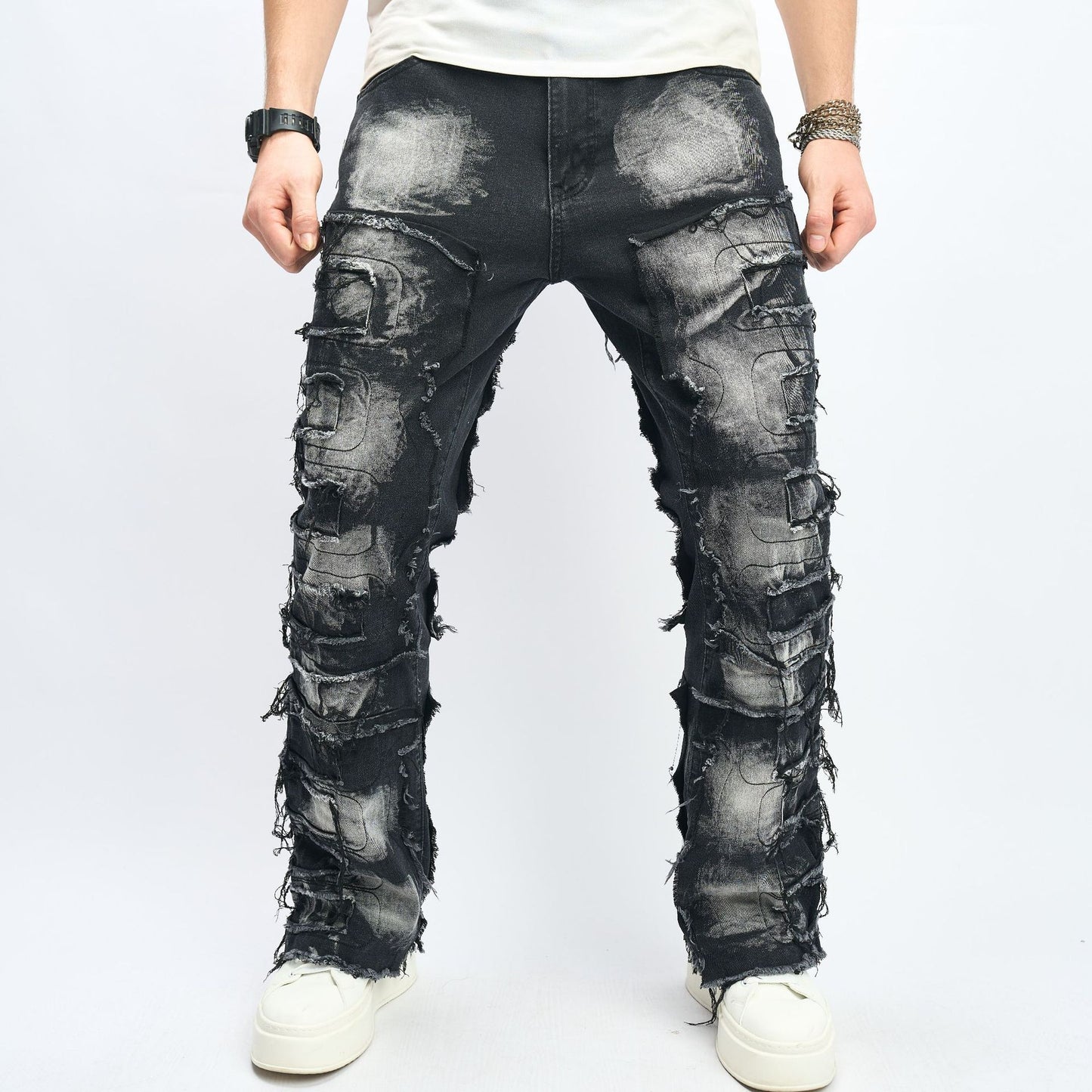 Men’s Stacked Distressed Streetwear Jeans – Free Alterations