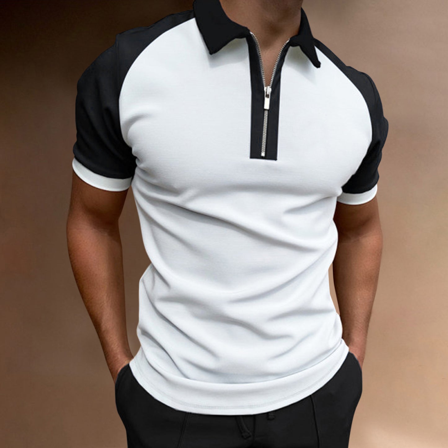 Men’s Luxury Color-Block Zipper Polo Shirt – Raglan Sleeve Casual Top