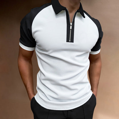 Men’s Luxury Color-Block Zipper Polo Shirt – Raglan Sleeve Casual Top