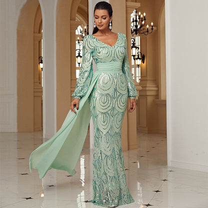 STYLIST FRANTZ™ Custom Luxury Long Sleeve Sexy Long Sequined V-neck Banquet Ribbon Evening Dress