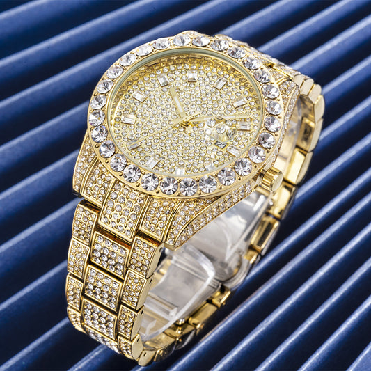 Luxury Gold Diamond Watch – Large Dial Stainless Steel Men’s Watch