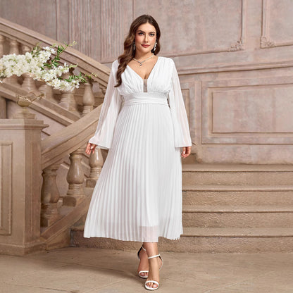 STYLIST FRANTZ™ Plus Size Elegant V-Neck Long Sleeve Pleated Dress – Luxury Flow Fit