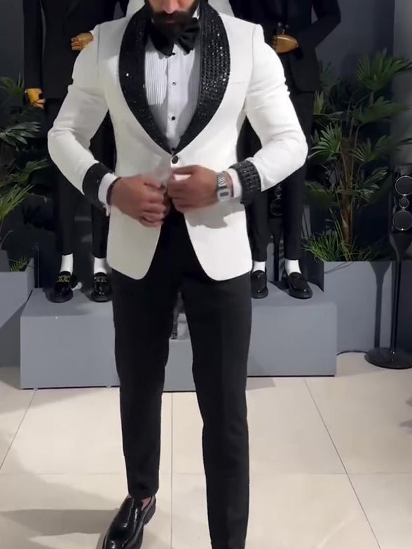 Stylist Frantz Signature White Tuxedo – Black Sequin Lapel Jacket
