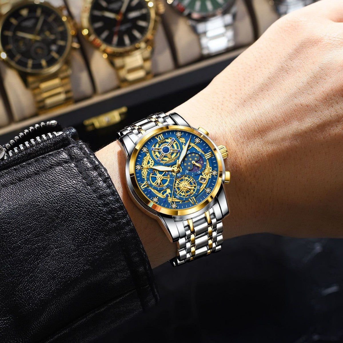 Luxury Waterproof Skeleton Men’s Watch – Gold & Blue Large Dial Stainless Steel Watch