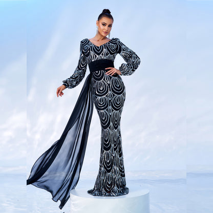 STYLIST FRANTZ™ Custom Luxury Long Sleeve Sexy Long Sequined V-neck Banquet Ribbon Evening Dress