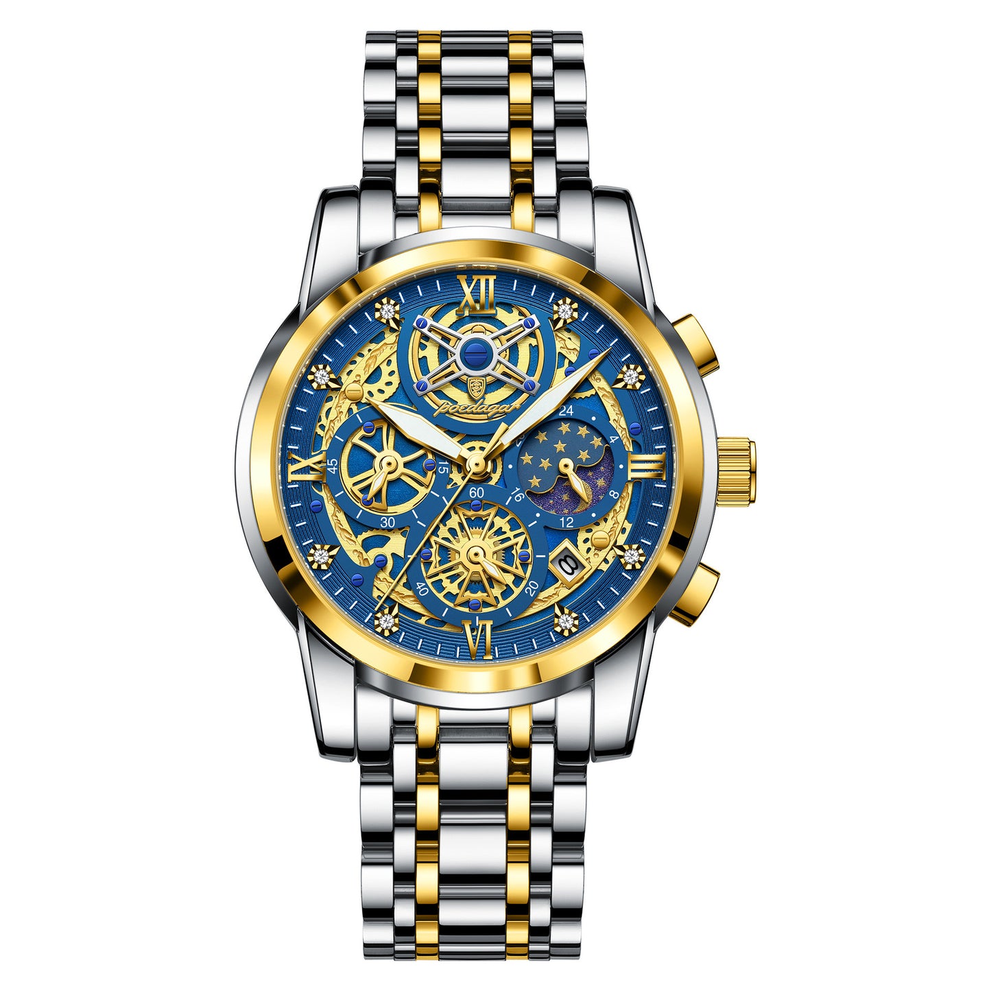 Luxury Waterproof Skeleton Men’s Watch – Gold & Blue Large Dial Stainless Steel Watch